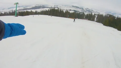 Lifting skiing on ski tow, shooting on an action camera Stock Footage 87549341