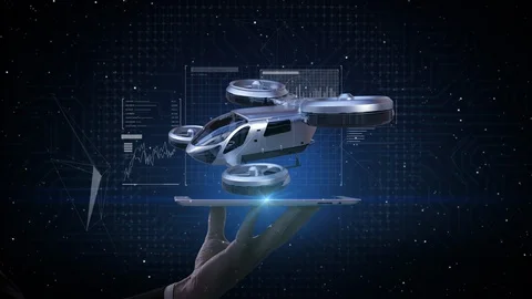 Lifting smart pad, tablet,  Autonomous drone taxi, Drone plane. 4k animation. Stock Footage 125061653