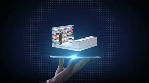 Lifting smart pad, unmanned smart convenience store.  AI robot carries, pay. 4k. Stock Footage 164007985