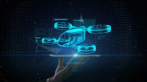 Lifting smartpad, tablet, Autonomous drone taxi, x-ray image. Drone plane. 4k. Stock Footage 125600263