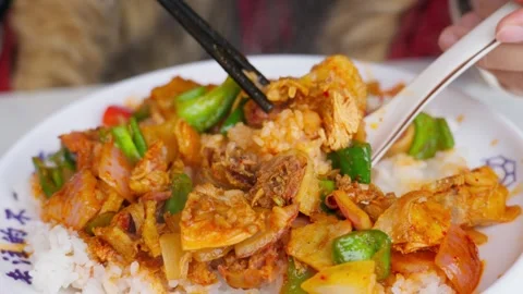 Lifting Stir-Fried Chicken with Rice and Veggies — Chinese Homestyle Cuisine Stock Footage 312584130