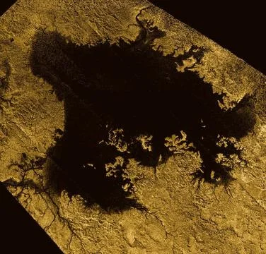 Ligeia Mare, shown here in a false color image from NASA s Cassini mission... Stock Photos
