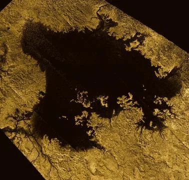 Ligeia Mare, shown here in a false color image from NASA's Cassini mission,.. Stock Photos