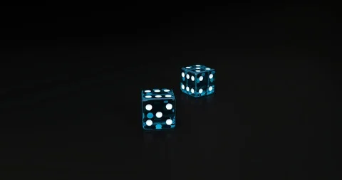 Ligh Blue dice falling on black background in slow motion 3D rendering Stock Footage 95392678
