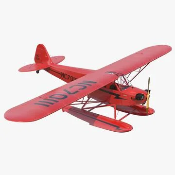 Light Aircraft Piper J-3 Seaplane Red 3D Model