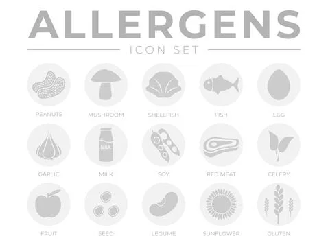 Light Allergens Icon Set. Allergens, Mushroom, Shellfish, Fish, Egg, Garlic,  Stock Illustration