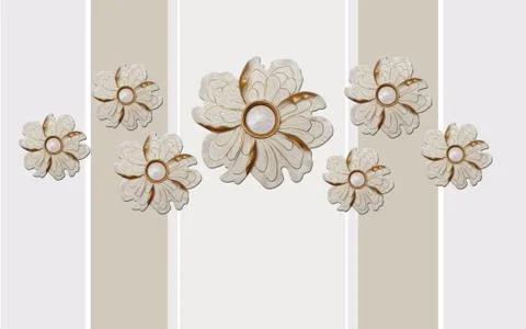 Light and dark vertical wide stripes, large and small abstract flowers. Stock Illustration