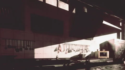 Light and shadow in an empty kitchen during the morning Stock Footage 343508819