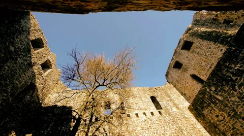 Light and shadow. old ruin castle. person silhouette Stock Footage 36177068