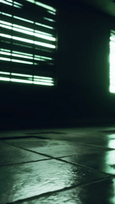 Light and shadows create a pattern on the floor in a dim room with windows Stock Footage 337963753