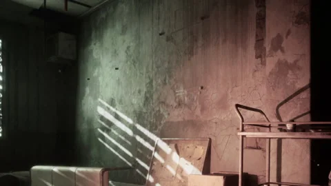 Light and shadows in an empty room with a worn wall and furniture Stock Footage 344170707