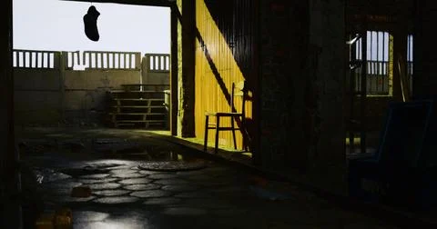 Light and shadows interplay in an abandoned interior space at dusk Stock Illustration