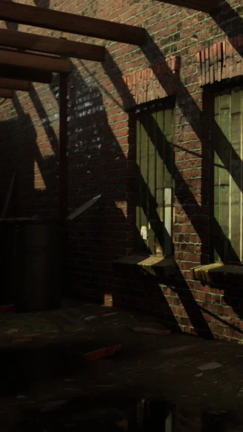 Light and shadows play on brick wall in an abandoned space Stock Footage 337925622