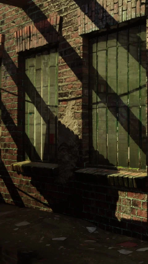Light and shadows play on old brick wall and windows in urban setting Stock Footage 337926643