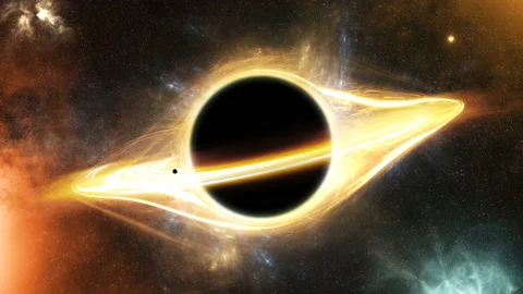 Light around a black hole in space and a planet that tightens into a black hole Stock Footage 89108581