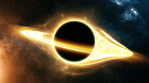 Light around a black hole in space and a planet that tightens into a black hole Video stock 89108642
