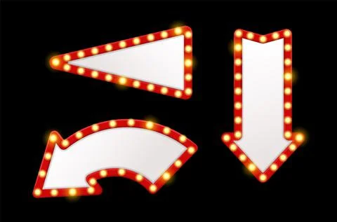 Light arrows pointers. Shining retro design signs with bulbs around red frames Illustrazione stock