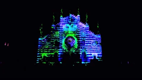 Light art 3d installation projected on the Cathedral facade Stock Footage 164399686
