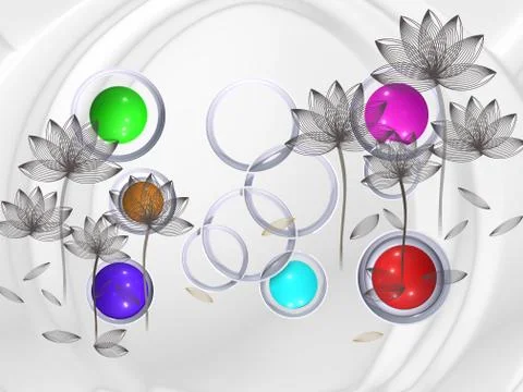 Light background, arch, white rings, gray flowers, colorful shiny balls Stock Illustration