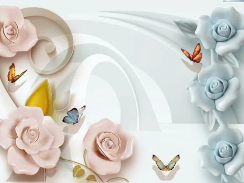 Light background, arches, ceramic roses, three colorful butterflies Stock Illustration
