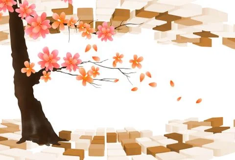 Light background, beige and brown cubes, a flowering tree with large flowers Stock Illustration