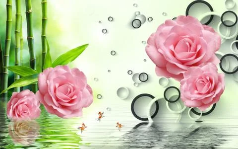 Light background, black and white rings, green bamboo, large pink roses Stock Illustration