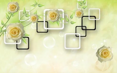 Light background, black and white frames, yellow roses, soap bubbles Stock Illustration