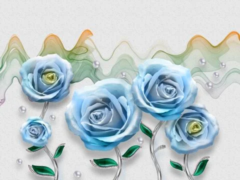 Light background, colored waves, pearls, blue roses on silver stems Stock Illustration