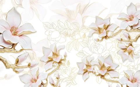 Light background with the contours of peonies, large gilded pink magnolia Stock Illustration