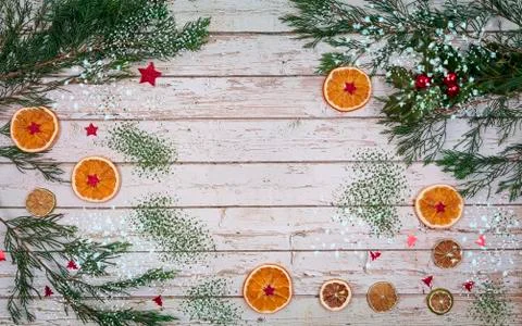 A light background with copy space for text. Flat lay with Christmas ornament Stock Photos