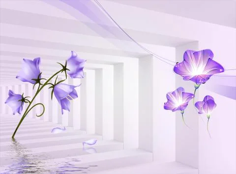 Light background, corridor, shadow and light, purple flowers-bells Stock Illustration