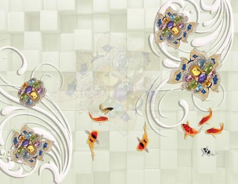 Light background, cubes, goldfish, abstract ornamental flowers Stock Illustration