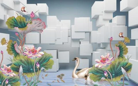 Light background, cubes, pink water lilies, a pair of swans, goldfish Stock Illustration