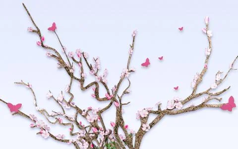 Light background, curved branches bloom in pink and white flowers Stock Illustration