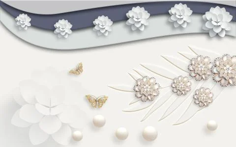 Light background, embossed leaves, white paper flowers and jewelry flowers Stock Illustration