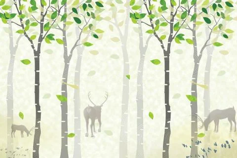 Light background, forest, deer, trees with leaves Stock Illustration
