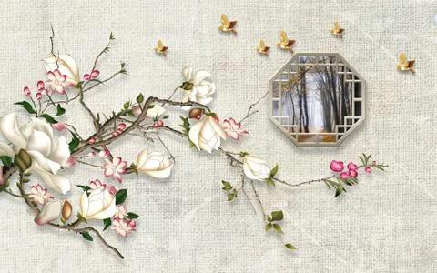 Light background, frame with autumn forest, branch of magnolia, golden birds Stock Illustration