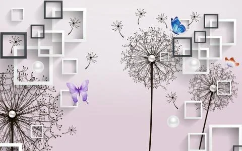 Light background, frames, dandelions, pearls, blue and purple butterflies Stock Illustration