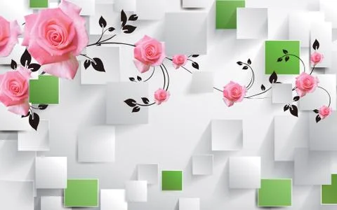 Light background, gray and green rectangles, large buds of pink roses Stock Illustration