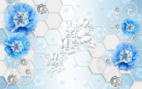 Light background, hexagons, large blue abstract flowers, white paper butterflies Stock Illustration