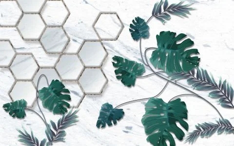 Light background, hexagons, large green tropical leaves Stock Illustration