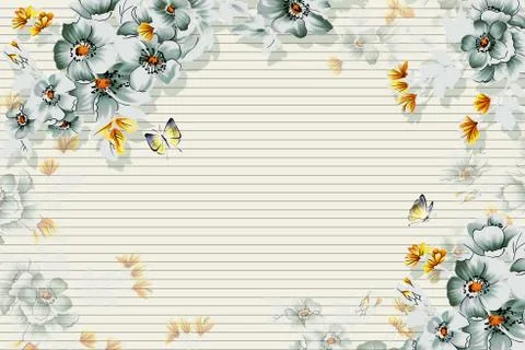 Light background with horizontal lines, flowers and butterflies Stock Illustration