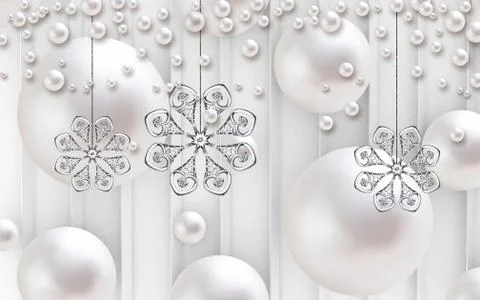Light background, large and small pearls, hanging silver abstract flowers Stock Illustration