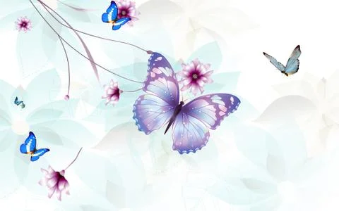 Light background, large multi-colored butterflies and lilac abstract flowers Stock Illustration