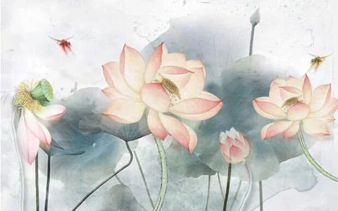 Light background, large pink water lilies with dark leaves, two dragonflies Stock Illustration