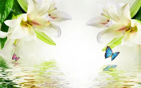 Light background, large white lilies, colorful butterflies, soap bubbles Stock Illustration