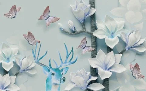 Light background with large white lilies, large butterflies, green deer head Stock Illustration