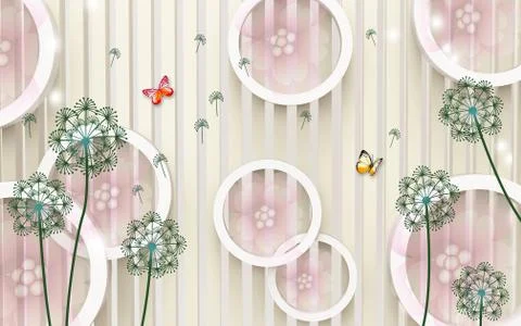 Light background, large white rings, green contours of dandelions Stock Illustration