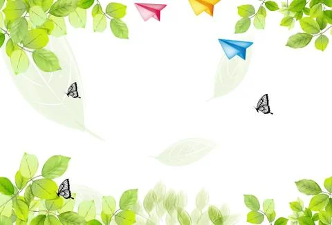 Light background, leaves, butterflies, multi-colored paper airplanes Stock Illustration