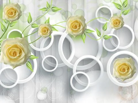 Light background, lines, rings, large yellow rosebuds, green stems with leaves Stock Illustration